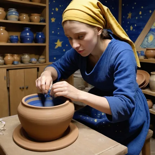 Prompt: "the girl with the pearl earring" making pottery on pottery wheel in the style of "The Starry Night" by Vincent van Gogh