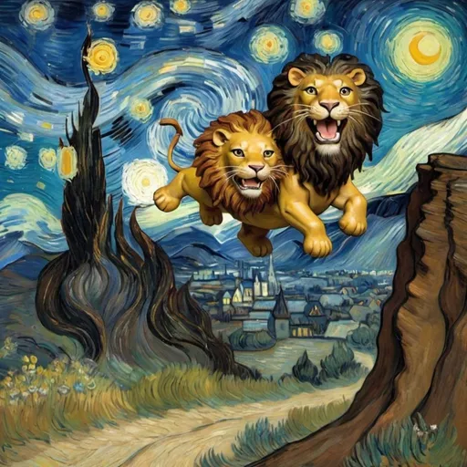 Prompt: Mona Lisa riding a  Lion that is jumping over a canyon in "The Starry Night" by Vincent van Gogh