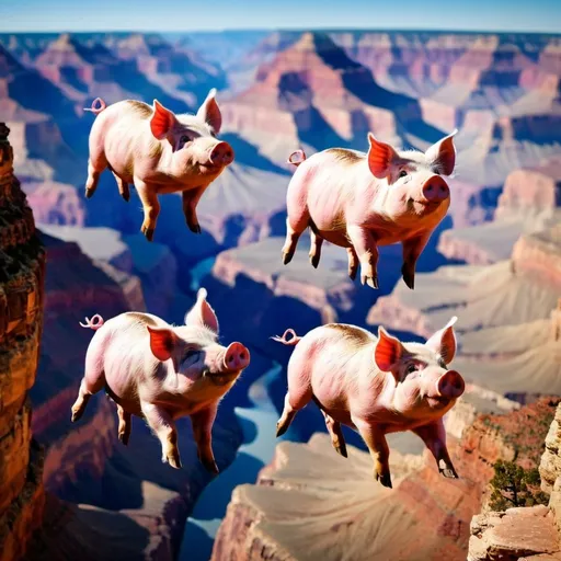 Prompt: three pigs flying over grand canyon

