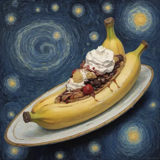 Prompt: A "banana split" flying on a "magic carpet" in "The Starry Night" by Vincent van Gogh