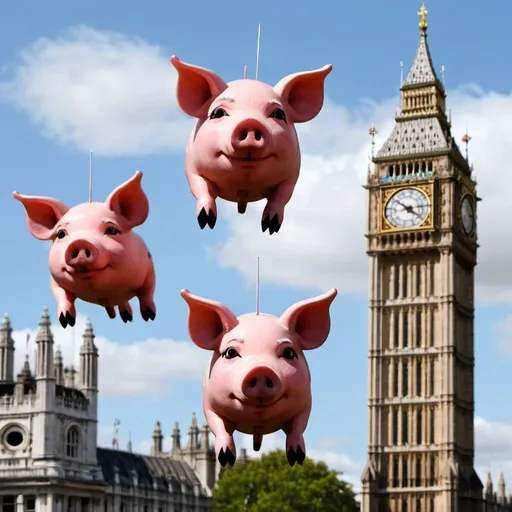 Prompt: three pigs flying over London 
