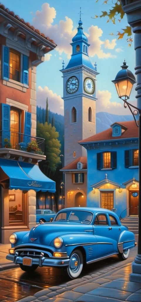 Prompt: a painting of a blue car parked on a street with a clock tower in the background and a blue awning, Evgeny Lushpin, american scene painting, kinkade, an ultrafine detailed painting