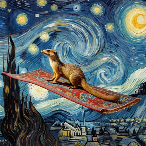 Prompt: A "Mongoose"  flying on a "magic carpet" in "The Starry Night" by Vincent van Gogh