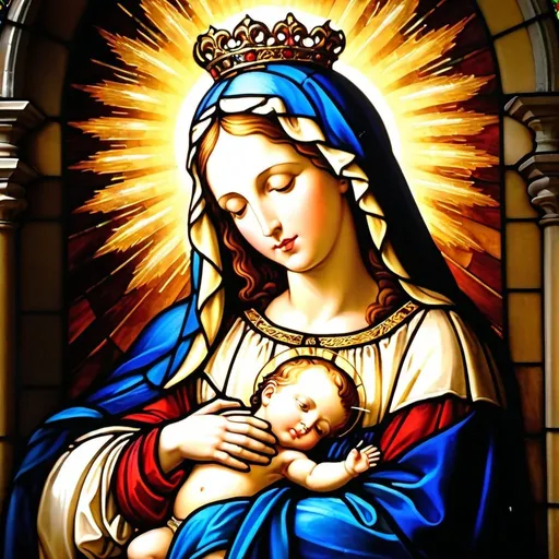 Prompt: a painting of the virgin Mary “ holding the baby Jesus in her arms with her flaming immaculate heart on her chest and a halo above her head, Anne Said, gothic art, renaissance oil painting, a flemish Baroque

Hail Mary, full of grace,
The Lord is with thee.
Blessed art thou amongst women,
And blessed is the fruit of thy womb, Jesus.
Holy Mary, Mother of God,
Pray for us sinners,
Now and at the hour of our death. 

the virgin Mary 

“My soul glorifies the Lord
     and my spirit rejoices in God my Savior,
 for he has been mindful
    of the humble state of his servant.
From now on all generations will call me blessed,
    for the Mighty One has done great things for me—
    holy is his name.
 His mercy extends to those who fear him,
    from generation to generation.
 He has performed mighty deeds with his arm;
    he has scattered those who are proud in their inmost thoughts.
 He has brought down rulers from their thrones
    but has lifted up the humble.
 He has filled the hungry with good things
    but has sent the rich away empty.
He has helped his servant Israel,
    remembering to be merciful
to Abraham and his descendants forever,
    just as he promised our ancestors.”