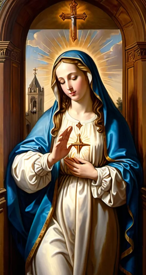 Prompt: a painting of the Virgin Mary alone  standing in the doorway touching  her immaculate heart  , Anne Said, gothic art, renaissance oil painting, a flemish Baroque

the virgin Mary just said

“My soul glorifies the Lord
     and my spirit rejoices in God my Savior,
 for he has been mindful
    of the humble state of his servant.
From now on all generations will call me blessed,
    for the Mighty One has done great things for me—
    holy is his name.
 His mercy extends to those who fear him,
    from generation to generation.
 He has performed mighty deeds with his arm;
    he has scattered those who are proud in their inmost thoughts.
 He has brought down rulers from their thrones
    but has lifted up the humble.
 He has filled the hungry with good things
    but has sent the rich away empty.
He has helped his servant Israel,
    remembering to be merciful
to Abraham and his descendants forever,
    just as he promised our ancestors.”
