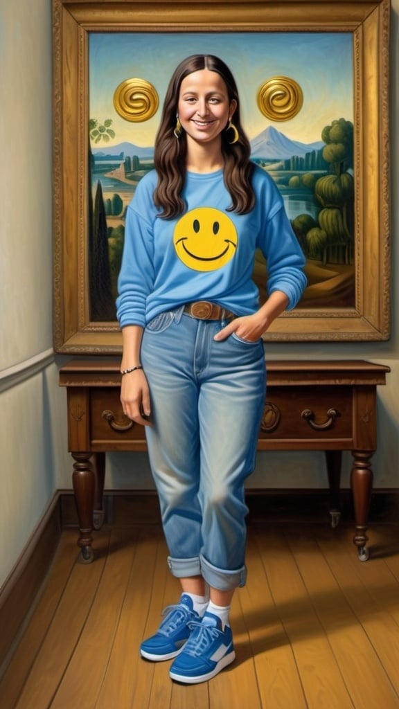 Prompt: a full-length portrait painting,
Mona Lisa,
standing a wax wood floor
a smile on her face, 
gold-earrings-with-a-smiley-face- ON-them,  
 smiley-face-T-shirt, 
long blue jean,
blue tennis shoes,
academic art, 
renaissance oil painting
