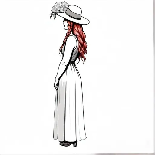 Prompt: a drawing of a woman with long red hair in French braid wearing a hat and dress with flowers,, with a thin line drawing of a person's face, artist, photorealism, full body portrait, a detailed drawing