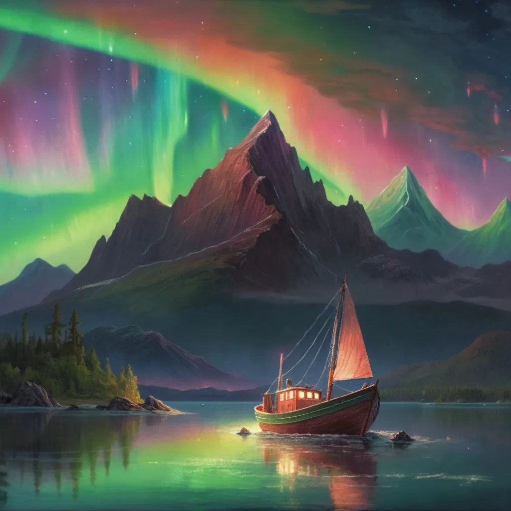 Prompt: a painting of a boat in a body of water under a sky filled with aurora lights and a mountain, Frederic Edwin Church, space art, apocalypse, a painting