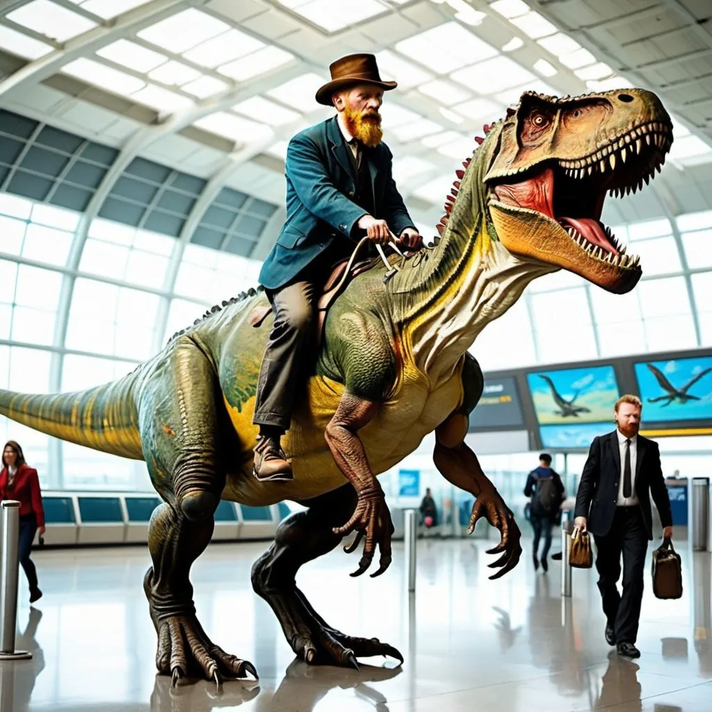 Prompt: "Vincent van Gogh"  riding a   tyrannosaurus in  an airport