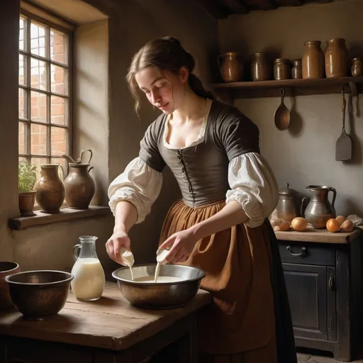 Prompt: A painting of A robust young woman  pouring milk in a humble kitchen, with soft, natural light filtering through a window. The setting is a modest 17th-century Dutch kitchen, with rich, warm hues for the clothing and cool, muted tones for the background, rendered in exquisite realism.