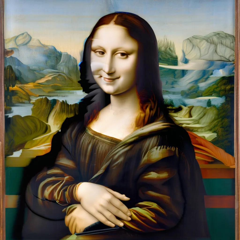 Prompt: a painting of a Mona Lisa with a  almost transparent  black veil over long hair and a smile on her face, with a green background and a blue sky, Fra Bartolomeo, academic art, da vinci, a painting