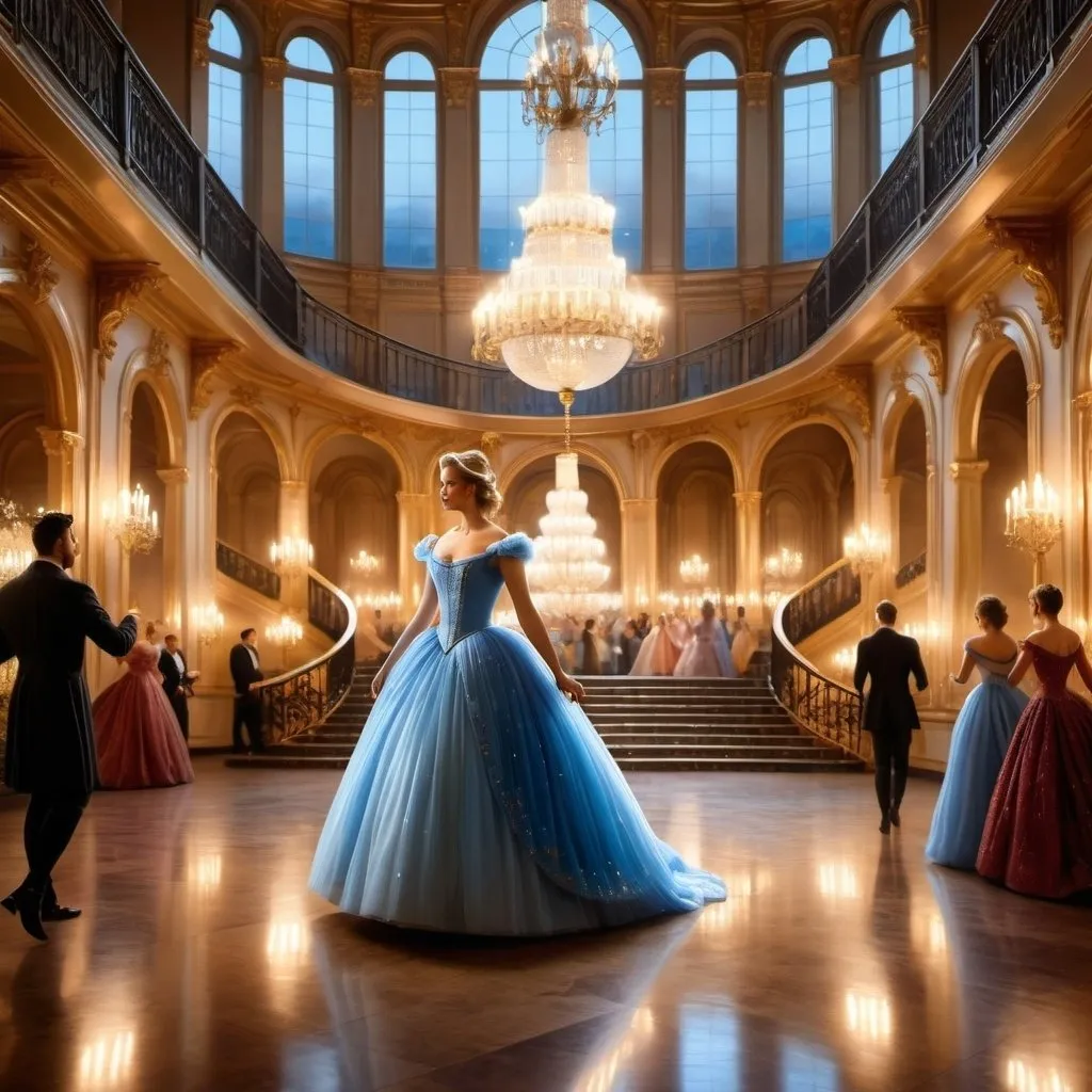 Prompt:  Create a UHD, 64K, professional oil painting in the style of Carl Heinrich Bloch, blending the American Barbizon School and Flemish Baroque influences. Depict Cinderella at the grand ball, in a luxurious and opulent ballroom. Cinderella is dressed in an elegant, shimmering gown, capturing the light and casting a soft glow around her. The ballroom is adorned with crystal chandeliers, marble floors, and intricate golden decorations. Noblemen and women in lavish attire are seen dancing, chatting, and enjoying the festivities. Cinderella, standing at the top of a grand staircase, is the center of attention, with her graceful poise and radiant beauty captivating the guests. The scene is bathed in the warm light of hundreds of candles, creating an atmosphere of magic and enchantment. Outside the large, arched windows, a moonlit garden can be seen, adding to the fairytale ambiance.


