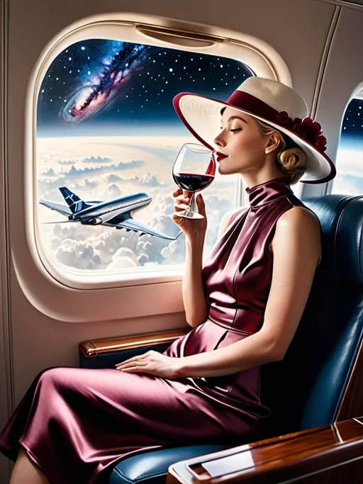 Prompt: a 21-year-old woman in a long flower print Empire Dress with a high neck line and white hat sitting on an airplane seat with a hat on her head drinking red wine,  and ((the Andromeda Galaxy))  in the background with a window, Annie Leibovitz, precisionism, promotional image, an art deco painting  drinking red wine,