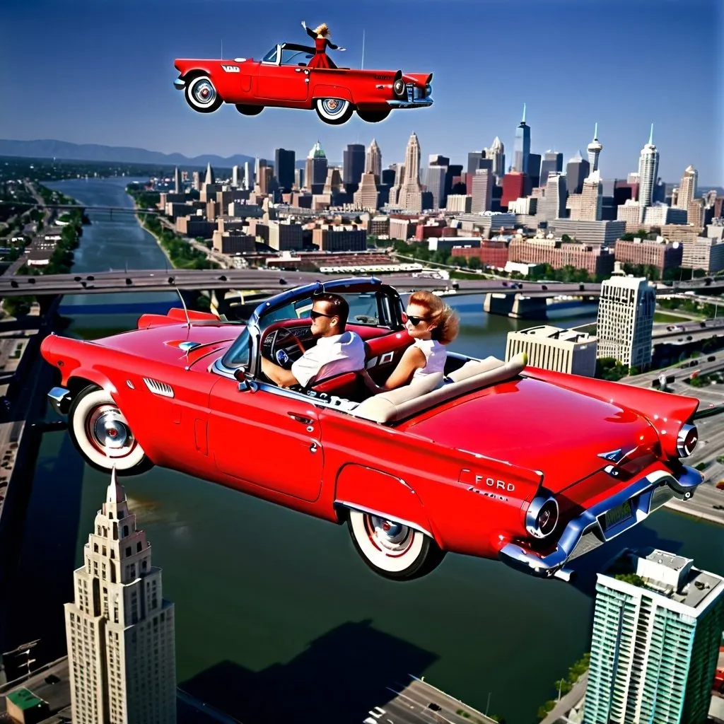 Prompt: (27 year-old woman) and  (29 year-old man)  in a flying red ford 1957 thunderbird flying over a city  photo
