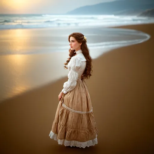 Prompt: image of Victorian era beautiful woman,  is looking  at the sea,  with long brown hair, standing on the sand at the beach, 