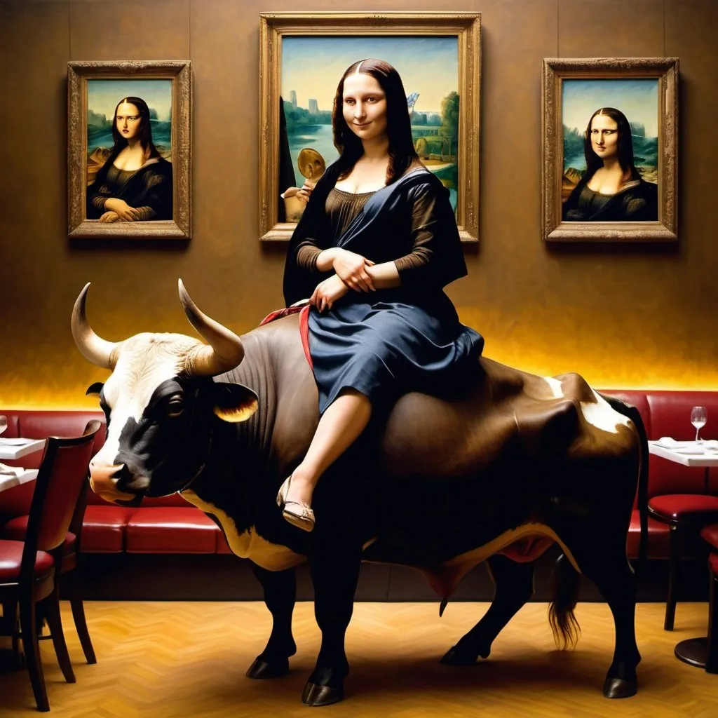 Prompt: Mona Lisa  riding a bull in a five star restaurant