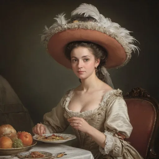 Prompt: a photo of a woman in a hat holding a plate of food and a feathered hat on her head, Élisabeth Vigée Le Brun, rococo, photo, a photo