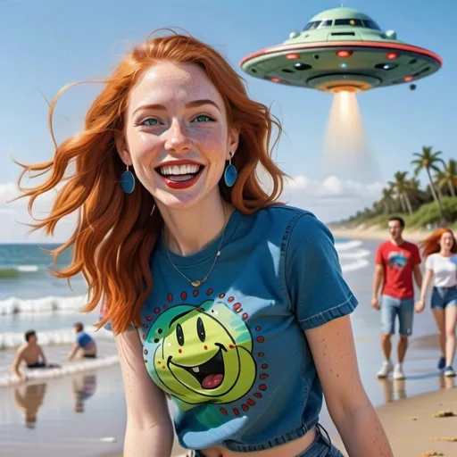 Prompt: photorealistic portrait of a [(27 year-old woman),  (cover with dark freckle), (green eyes), (long ginger hair), (red lipstick), (a smile on her face), ( smiley face earrings), (smiley-face t-shirt), (long blue jean), (red and blue tennis shoes),]on the beach, looking very excited at an attacking UFO