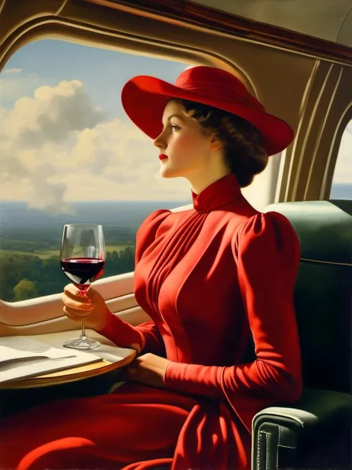 Prompt: a 21-year-old woman in a long flower print Empire Dress with a high neck line and white hat sitting on an airplane seat with a hat on her head drinking a glass red wine,  and a plane in the background with a window, Annie Leibovitz, precisionism, promotional image, an art deco painting  drinking red wine,<mymodel> 