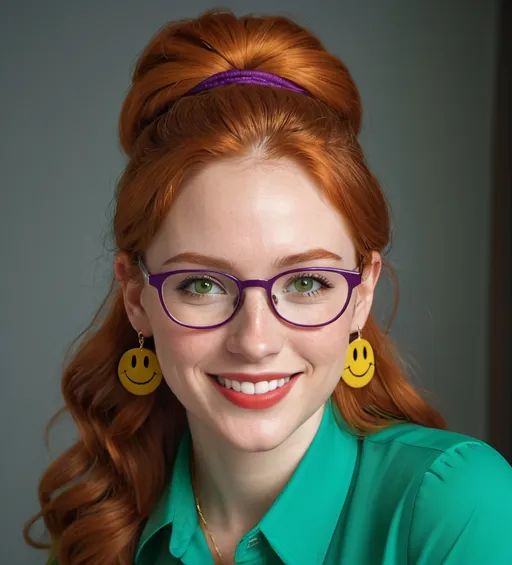 Prompt: 25-year-old woman with earrings 1970s smiley face yellow, green eyes. cover with dark freckle. long ginger hair ginger in a French braid. wearing lipstick red. broad rimmed eyeglasses purple .  yellow blouse, blue  slacks, photo, professional photo. Studio lighting, backlit, realistic lighting. hdr uhd 8k ultra-realistic render, 