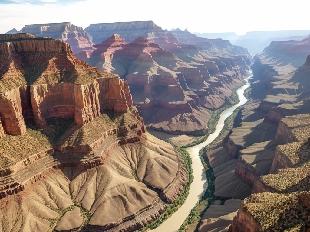 Prompt: Grand Canyon at sunrise, 
wide angle view, 
full depth of field, 
beautiful, 
high resolution, 
realistic,
detailed foliage, 
serene atmosphere, 
golden hour lighting, 
majestic Colorado River, 
exquisite rock formations, 
natural beauty, 
landscape painting,
professional quality, 
sunrise, 
Canyon walls, 
majestic  Colorado River, 
realistic, 
detailed foliage, 
serene atmosphere,
wide angle view,
full depth of field, 
beautiful, 
high resolution, 
golden hour lighting, 
exquisite rock formations, 
natural beauty