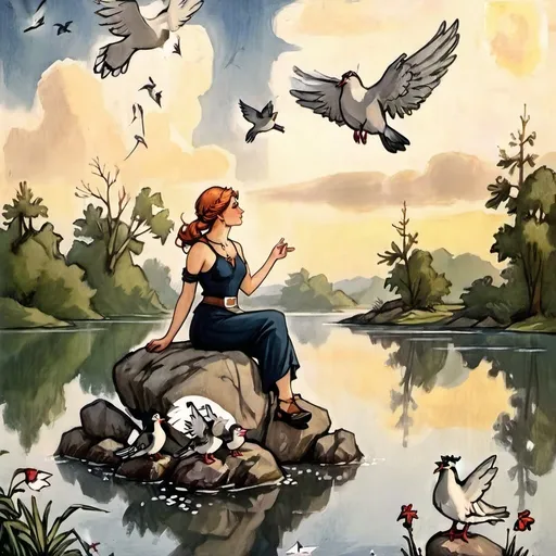 Prompt: a painting of a woman sitting on a rock by a lake with birds flying around her and a dove in the sky, Anne Stokes, figurative art, classical painting, a fine art painting