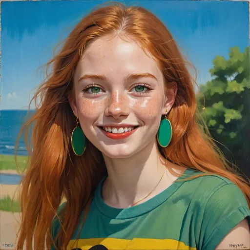 Prompt: a half-length portrait painting,
20 year-old college woman,
cover with dark freckle,
green eyes,
long ginger hair,
red lipstick,
a smile on her face, 
black-smiley-face- ON-gold-earrings,  
T-shirt, 
with a green background and a blue sky,
1970s oil painting,
