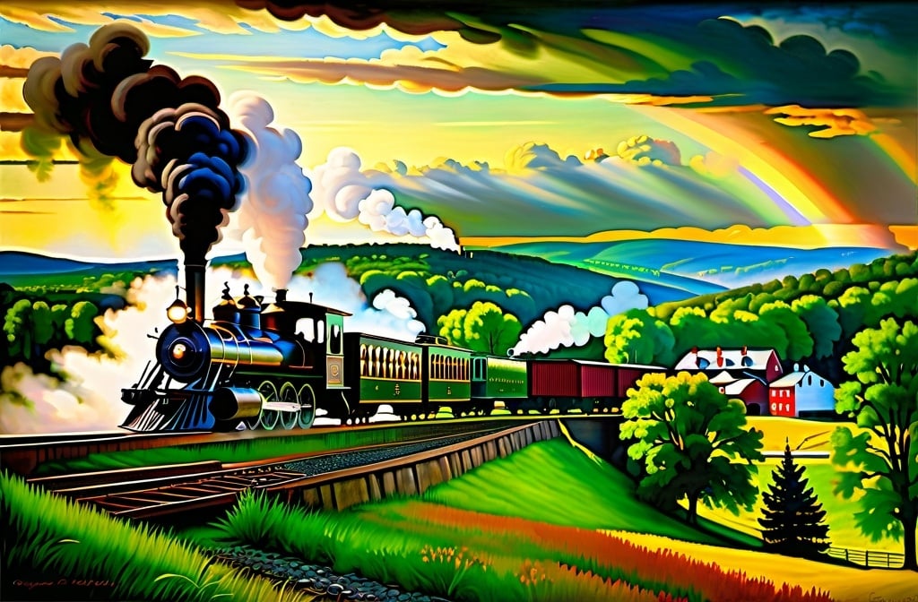 Prompt: 
a modified version of George Inness's painting "The Lackawanna Valley." The painting, completed in 1855, depicts a rural landscape in Pennsylvania with a steam train and industrial buildings in the distance, symbolizing the arrival of the railroad and industrialization to the region.

This playful addition contrasts with the historical context of the original painting, which captures the transformation of the American landscape during the 19th century. The original painting is renowned for its portrayal of the tension between the natural environment and industrial progress.