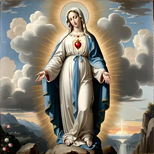 Prompt: a painting of  Virgin Mary with her immaculate heart, standing on a rock with clouds in the background,