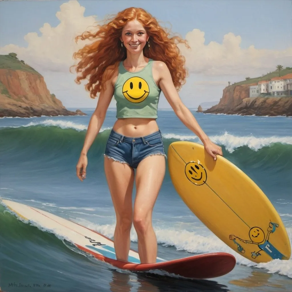 Prompt: a full-length portrait painting, Helen of Troy, 
standing riding a surfboard  going for the tube
cover with dark freckle,
green eyes, 
long ginger hair
a smile on her face, 
 gold-earrings-with-a-smiley-face- ON-them
smiley-face  t-shirt, 
long blue jean,
red and blue tennis shoes,
1970s oil painting,

