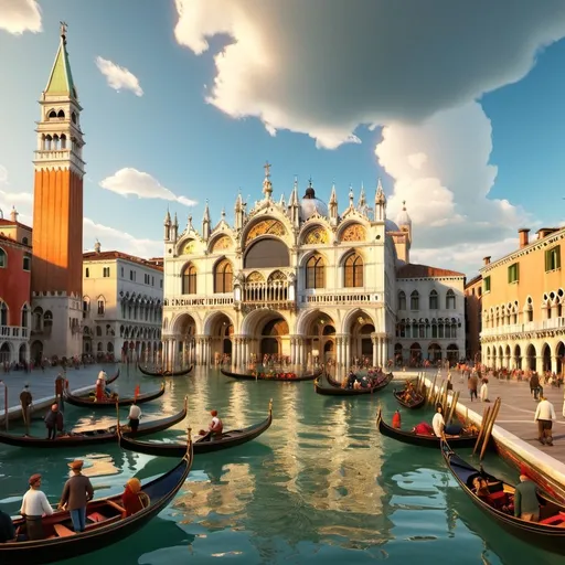 Prompt: Create a vibrant and detailed painting of a bustling Venetian scene reminiscent of Canaletto's style. The composition should include a grand canal filled with gondolas and other boats, showcasing a lively procession or festival. On the left, depict the majestic Campanile di San Marco rising above the scene, and to the right, include the ornate Doge's Palace with its distinctive Gothic architecture. Populate the scene with people dressed in period-appropriate clothing, engaging in various activities such as rowing, conversing, and celebrating. The water should reflect the vivid colors of the boats and buildings, adding to the dynamic atmosphere. Ensure the sky is clear with soft clouds, allowing the sunlight to enhance the architectural details and the festive mood of the scene. Capture the essence of historical Venice, emphasizing its rich culture and lively spirit.
