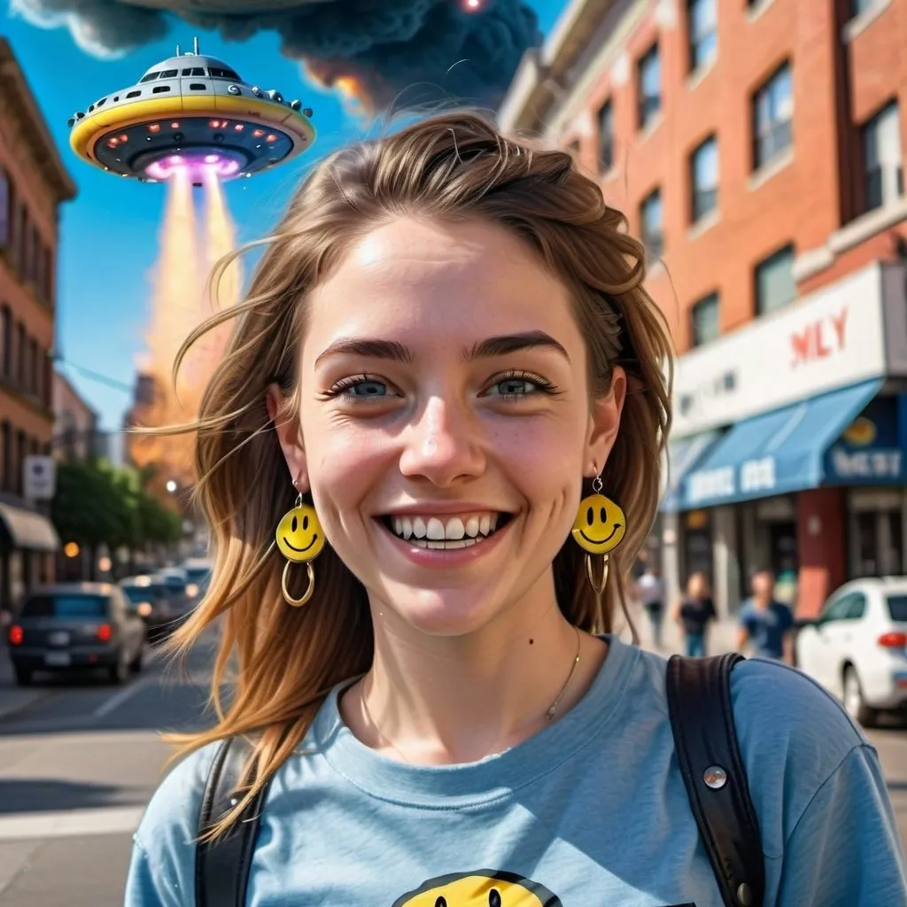 Prompt: photorealistic portrait of a [(27 year-old woman), (a smile on her face), ( smiley earrings), (smiley t-shirt), (long blue jean), ] in a city, looking very happy  at an attacking UFO