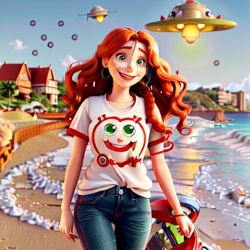 Prompt: photorealistic portrait of a [(27 year-old woman),  (cover with dark freckle), (green eyes), (long ginger hair), (red lipstick), (a smile on her face), ( smiley face earrings), (smiley-face t-shirt), (long blue jean), (red and blue tennis shoes),]on the beach, looking very excited at an attacking UFO