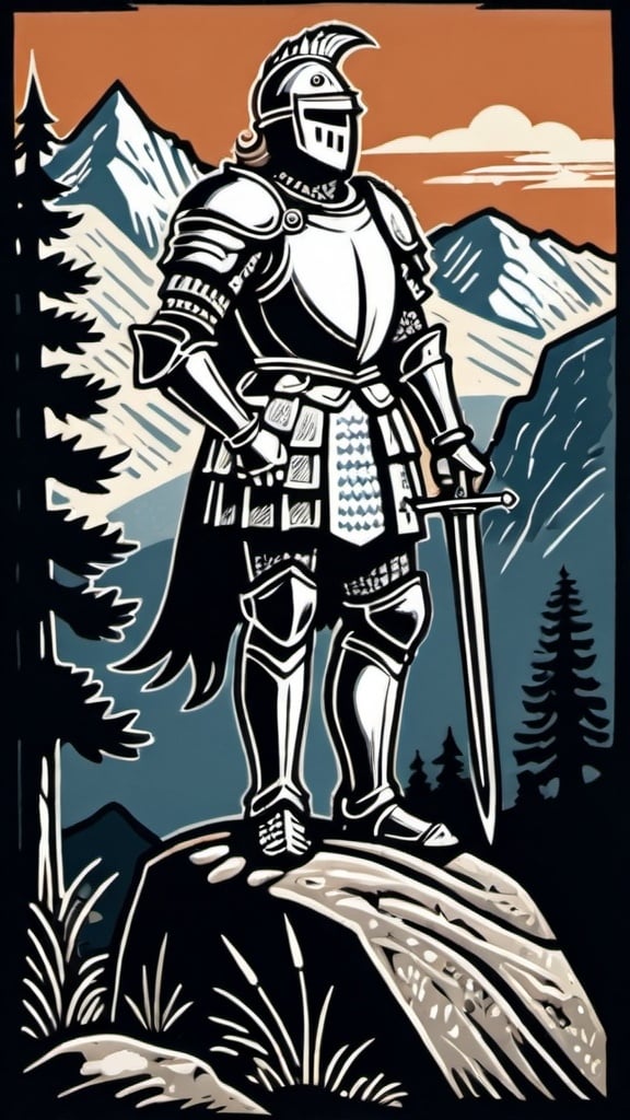 Prompt: A linocut of a proud and majestic knight is standing on a rock in the wilderness with mountains and trees in the background, neo-primitivism, detailed illustration, a woodcut

