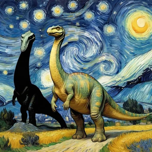 Prompt: Mona Lisa riding a brachiosaurus in  "The Starry Night" by Vincent van Gogh