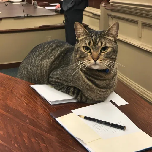 Prompt: <mymodel> A Cat sitting on a legislature's desk during a legislative session.