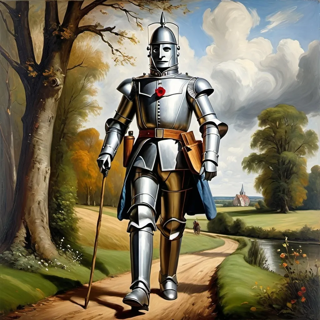 Prompt: Create a UHD, 64K, professional oil  painting in the style of John Constable, Romanticism, depict  the fictional character The Tin Man ( by L. Frank Baum, 1900)