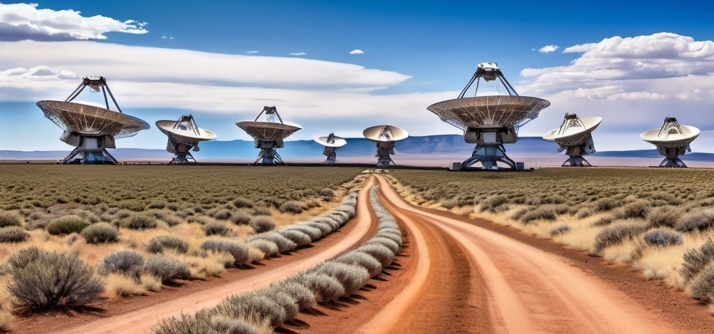 Prompt: a bunch of satellite dishes sitting in a field with a sky background and clouds in the background, with a dirt road in the foreground, Cosmo Alexander, space art, wpa, a photo  

"Embark on a journey through the cosmos as you explore the awe-inspiring beauty and scientific wonder of the Very Large Array (VLA) radio observatory.

Capture the vastness of the New Mexico desert landscape as the backdrop, with the iconic array of massive radio telescopes reaching towards the sky. Experiment with perspective and scale to convey the sheer magnitude of these colossal structures, each one poised to unlock the mysteries of the universe.

Delve into the intricate details of the VLA's machinery and technology, from the intricate network of antennas to the control room where scientists and engineers work tirelessly to unravel the secrets of the cosmos.

Infuse your artwork with a sense of wonder and curiosity, inviting viewers to ponder the mysteries of space and time as they gaze upon this marvel of human ingenuity. Whether you choose to depict the VLA against the backdrop of a breathtaking sunset or beneath a canopy of stars, let your imagination soar as you pay homage to this beacon of exploration and discovery."