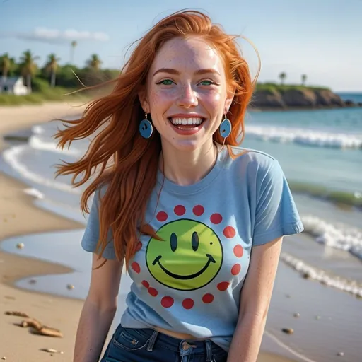 Prompt: photorealistic portrait of a [(27 year-old woman),  (cover with dark freckle), (green eyes), (long ginger hair), (red lipstick), (a smile on her face), (earrings with a smiley face on it's earring hooks), (smiley-face t-shirt), (long blue jean), (red and blue tennis shoes),]on the beach, looking very excited at an attacking UFO