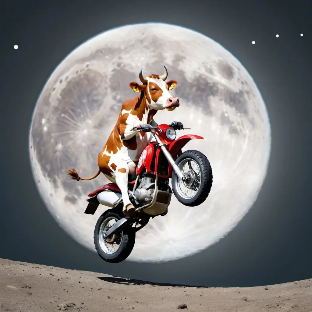 Prompt: A cow on a motorcycle jumping over the Moon