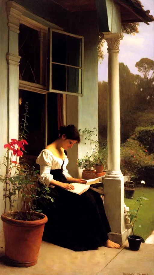 Prompt: <mymodel>a painting of a woman reading a book on a porch with potted plants in the background and a window, Edmund Leighton, pre-raphaelitism, pre - raphaelite, a fine art painting