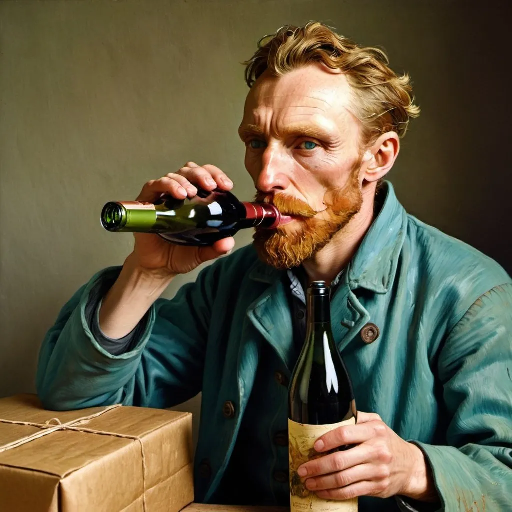 Prompt: Vincent van Gogh drinking straight from a "wine bottle that is wrap in a brown paper."