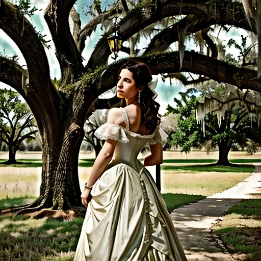 Prompt: 18th century French, Evangeline standing under an oak tree Spanish moss  looking  at  the  Bayou waiting for her forever lost love Gabriel 