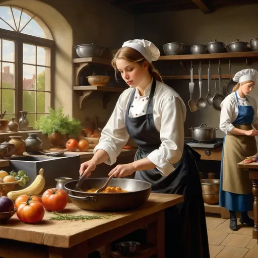 Prompt: Create a UHD, 64K, professional oil painting in the style of Carl Heinrich Bloch, blending the American Barbizon School and Flemish A  woman working as a chef in a bustling kitchen preparing a gourmet dish with other cooks working in the background.