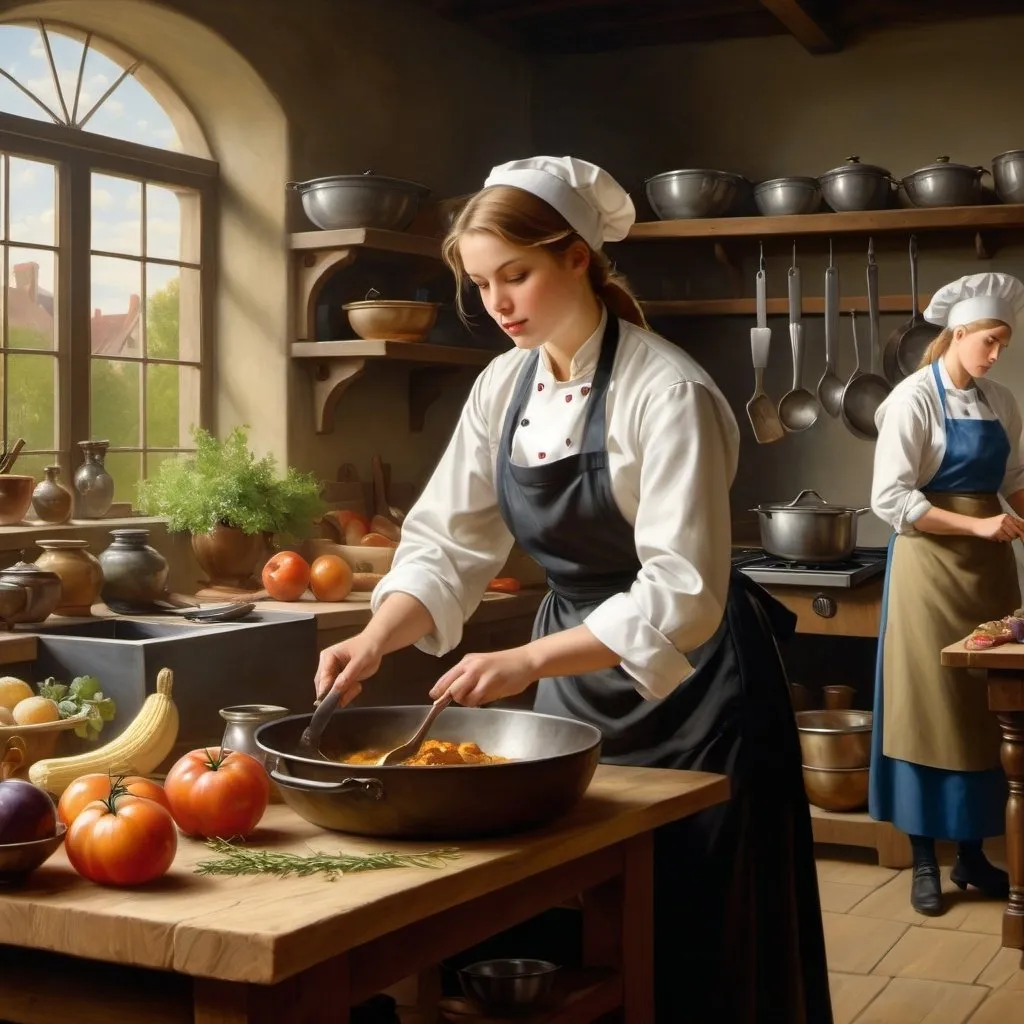 Prompt: Create a UHD, 64K, professional oil painting in the style of Carl Heinrich Bloch, blending the American Barbizon School and Flemish A  woman working as a chef in a bustling kitchen preparing a gourmet dish with other cooks working in the background.