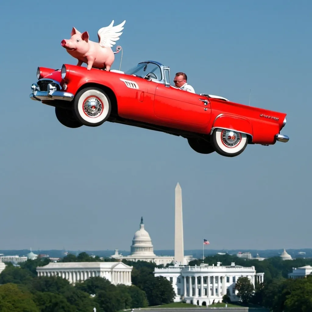 Prompt: pig  in a flying red ford 1957 thunderbird flying over washington DC
