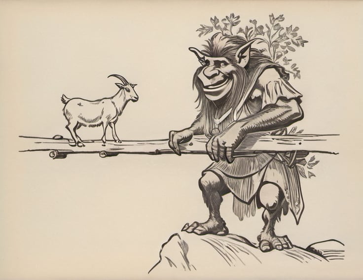 Prompt: a drawing of a troll  blocking a goat from crossing a  log  bridge. the  troll  is standing on a rock in river bed under the bridge,  troll 's torso under the bridge.  troll 's  neck is even with  troll 's hands is on the bridge, the troll 's nose  is blocking  the bridge the bridge,  troll 's head is over the bridge.  a storybook illustration

 image from  Tales and tags; rhymes by [Latham, Azubah Julia] (1918)