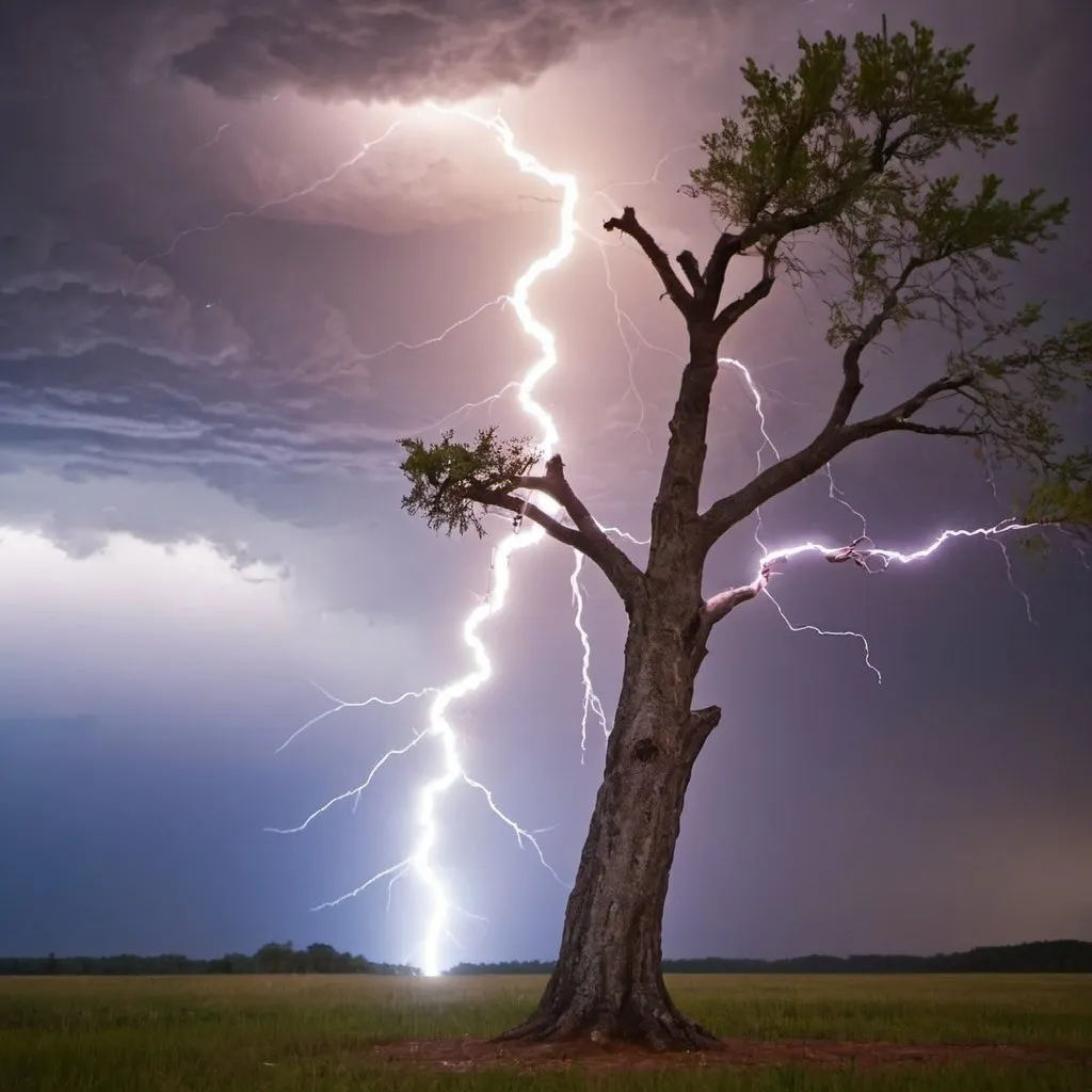 Prompt: bolt of lightning sticking a tree