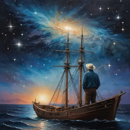 Prompt:  Create a UHD, 64K professional oil painting the Connection to the Cosmos: The Mariner felt a deep connection to the cosmos as the stars twinkled in the night sky. He whispered a silent prayer of gratitude, knowing that the spirit of exploration would live on in the hearts and minds of those who followed.