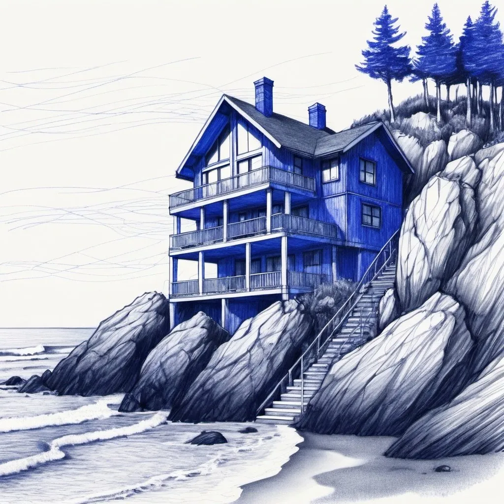 Prompt: a drawing of a home at an ocean beach by waterfall in the the mountains made with scribbles and messy lines,blue ballpoint,monochrome